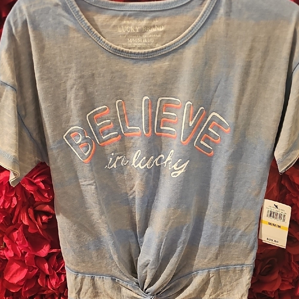Lucky Brand NWT Girls Silver Lake Blue Knot Front Tee With Saying Size Medium